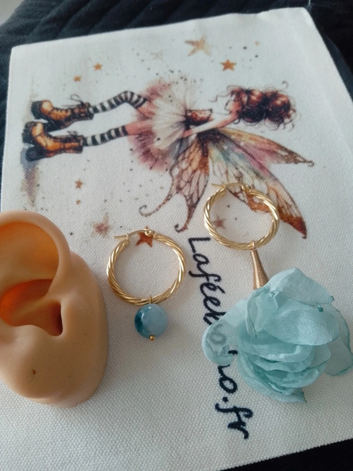 Pendientes bohemios asimétricos piedras angelita y flor turquesa – photo 2